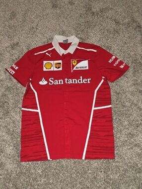 Ferrari F1 Red Men's Team Polo with White Trim and Sponsor Patches Size Small